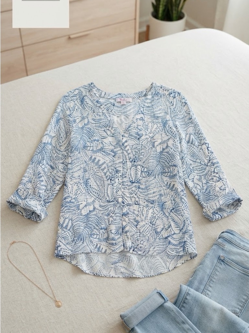 100% Silk Parker Blue and White Botanical Print Button-Up Blouse
